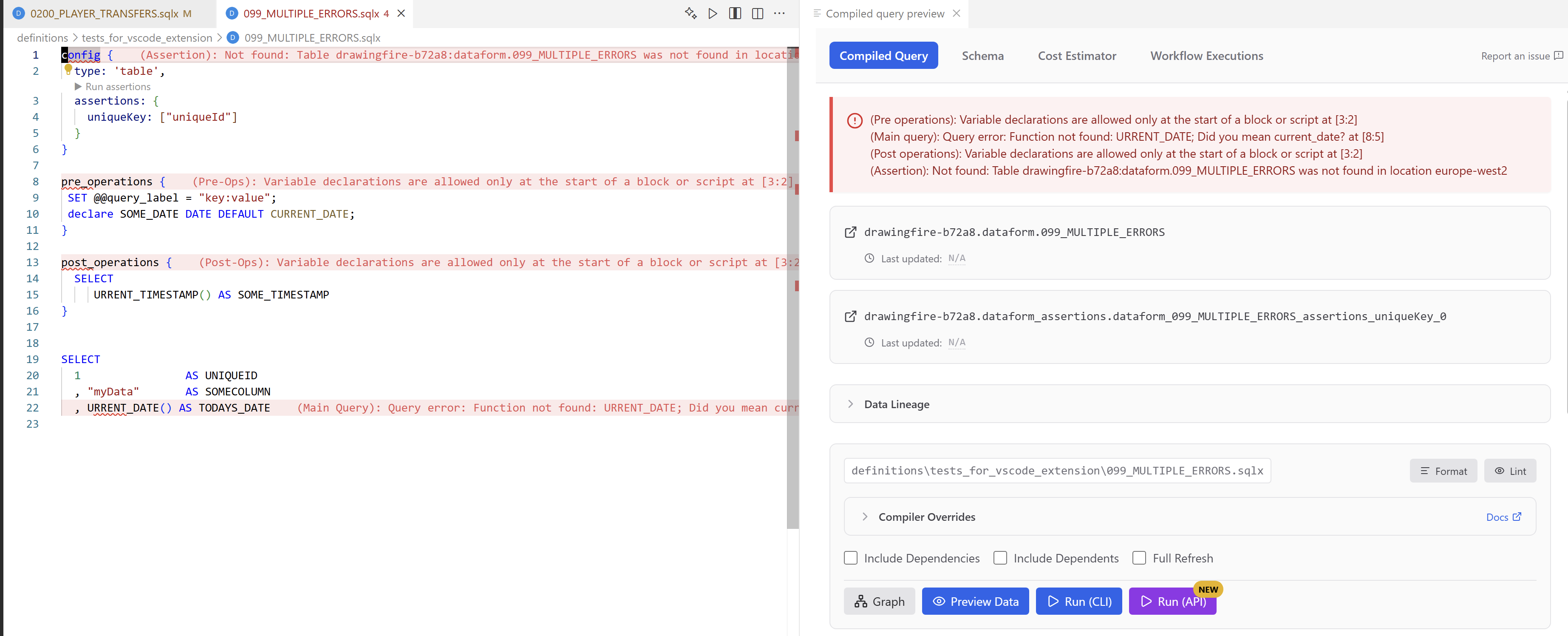 Inline diagnostics on a .sqlx file alongside the compiled query webview